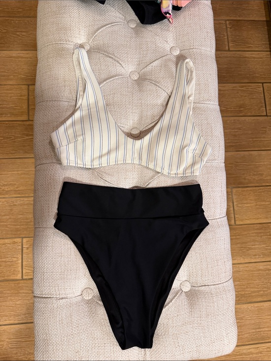 aerie Other - H & M Cream Striped Top & aerie Black High-Waist Bikini Bottoms